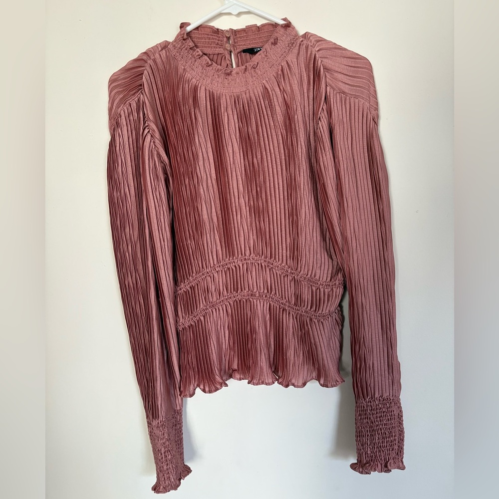 Zara Dusty Rose Pleated Long-Sleeve Blouse